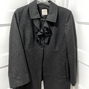Heather black wool jacket. Hits about at hip. Worn twice. Ruffle detail at top.